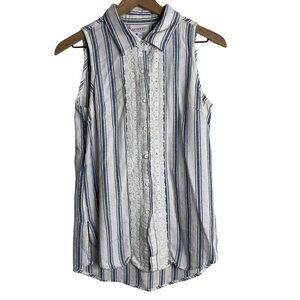Shyanne Women’s Sleeveless Blue Stripe Lace Collar Blouse Small